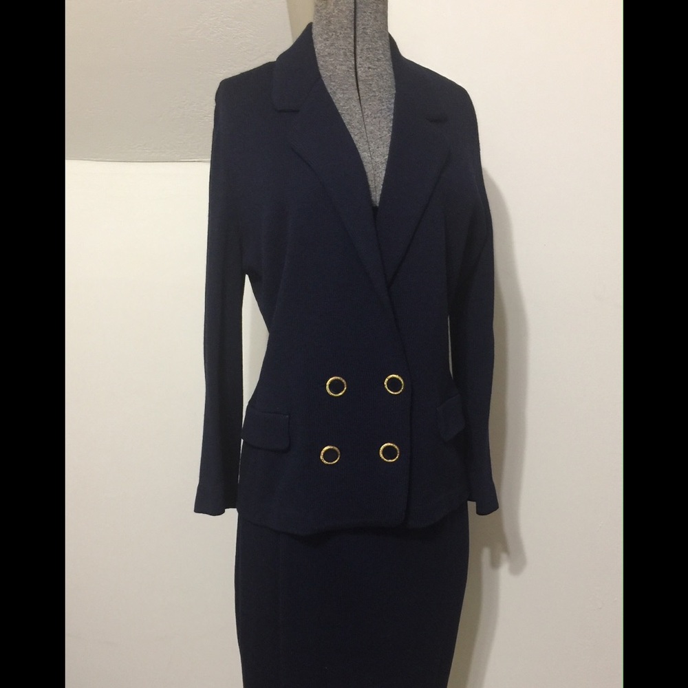 St John Marie Gray Collection Navy Knit Skirt Suit